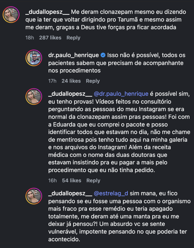 Comentário de Duda Lopes sobre administração de clonazepam